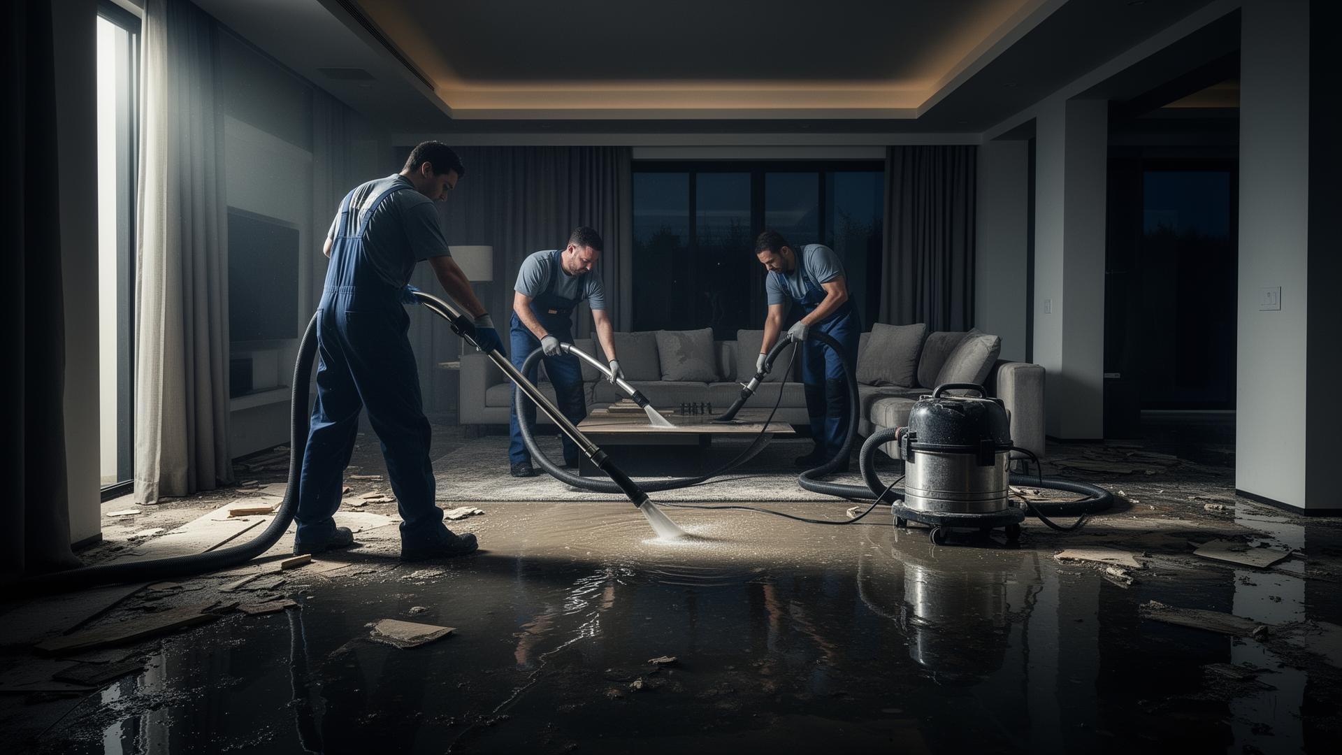 Home Pride Restoration crew extracting water from a flooded living room